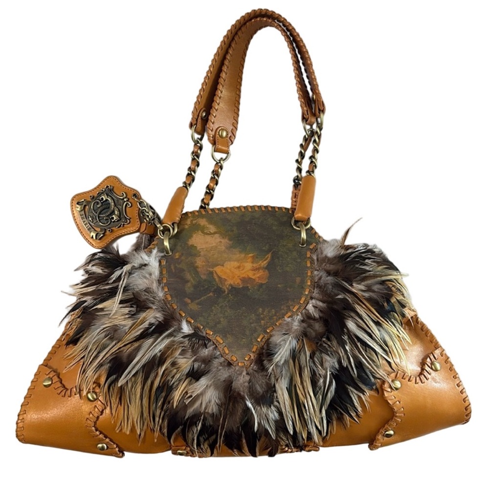 Vintage Sharif goldish tan shoulder bag feathers mural gorgeous unique western